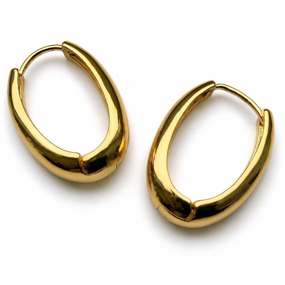 Aria Gold Tone Oval Hoop Earrings – Unisex Medium 1” Drop, Lightweight Hoops
